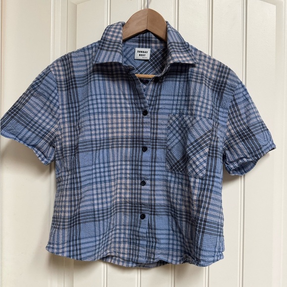 Sunday Best Tops - Sunday Best Blue Plaid Lightweight Cotton Short Sleeve Shirt. Size S